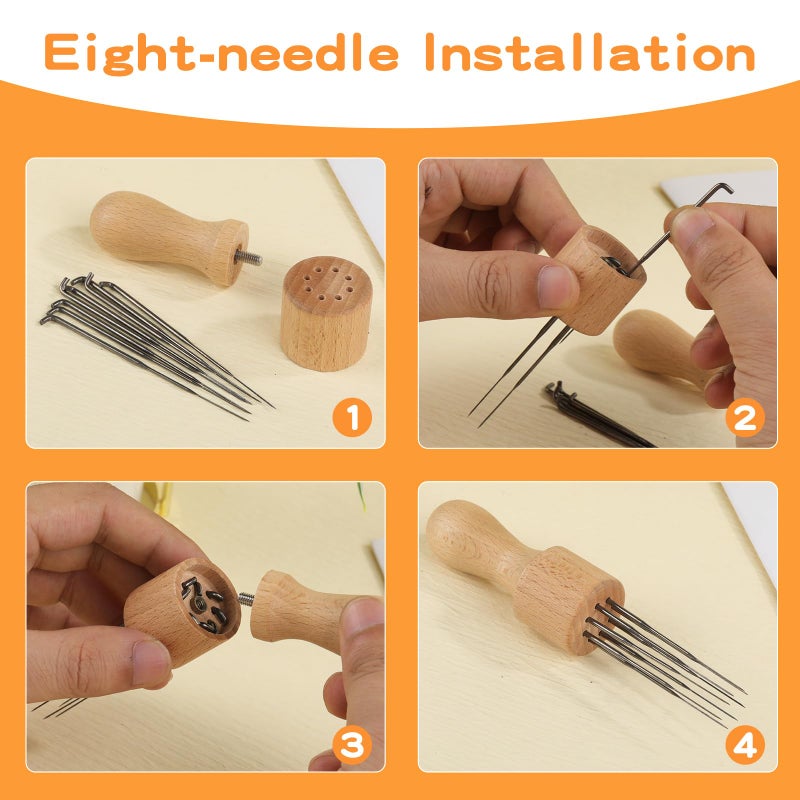 Mayboos Felting Needle with Eight Needles Tool,Craft Wool Felt Stitch Punch Tool with Solid Wood Handle Felting Eight Needles Tool with Finger Cots - Image 4